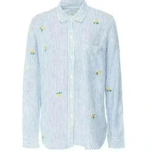 RAILS Charli Embroidered Rose LinenBlue Stripe Long Sleeve Button Down Shirt XS